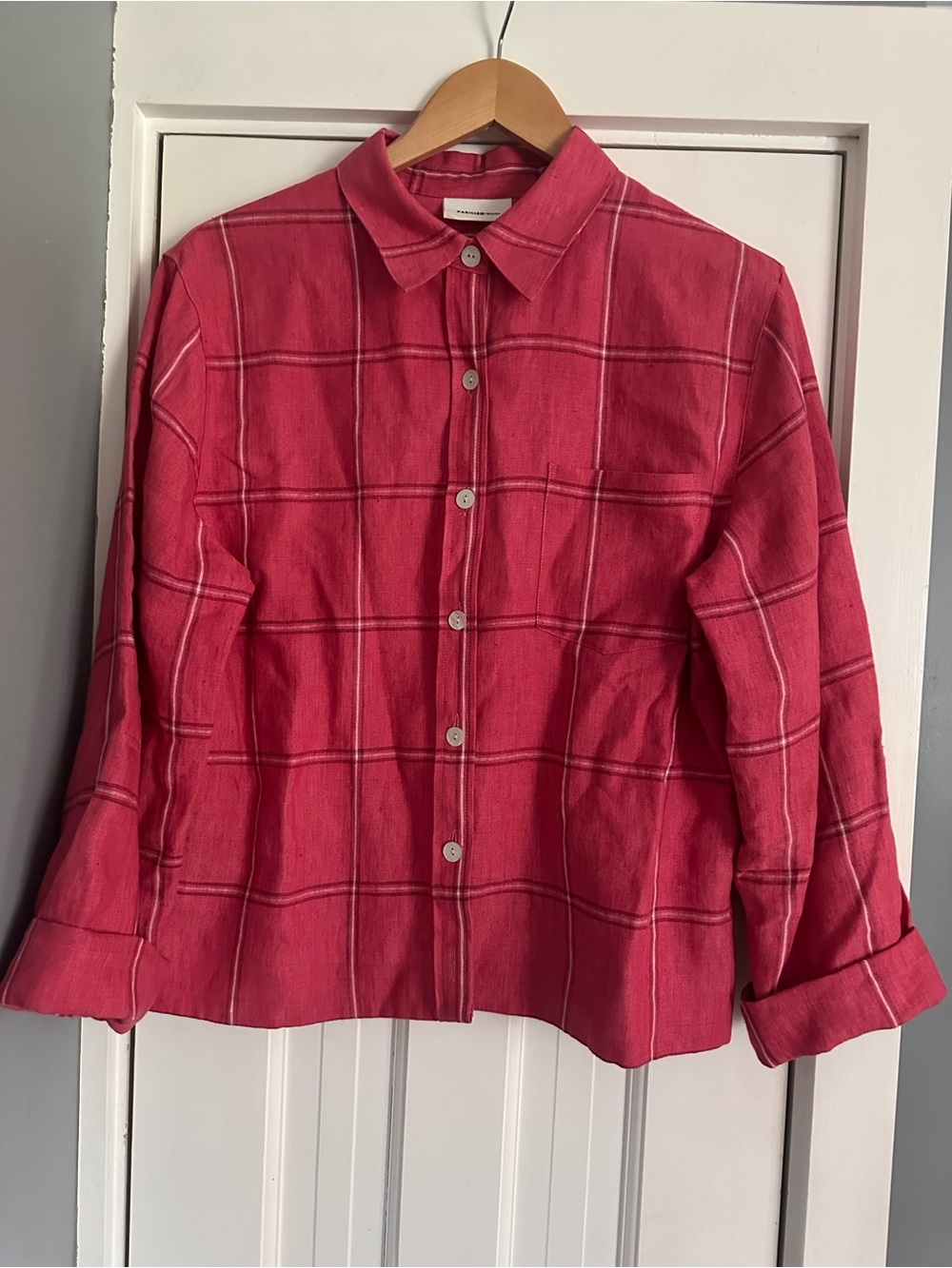 Parisian Works 100% Linen Button Up Shirt | Coral Red Plaid | Size Medium